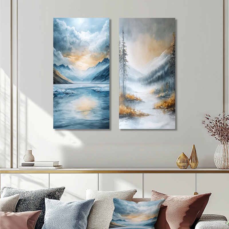 Parallel Peaks Of Abstract Mountain Landscape I - Abstract Wall Art 2 Pieces Collection, Wrapped Canvas, 32" H x 33" W