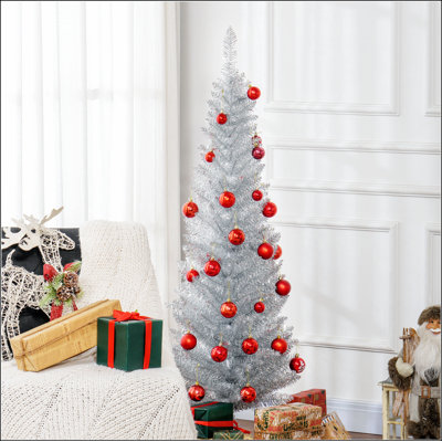 5' Artificial Pencil Christmas Tree, Slim Xmas Tree with 294 Realistic Branch Tips and Plastic Stand, Silver