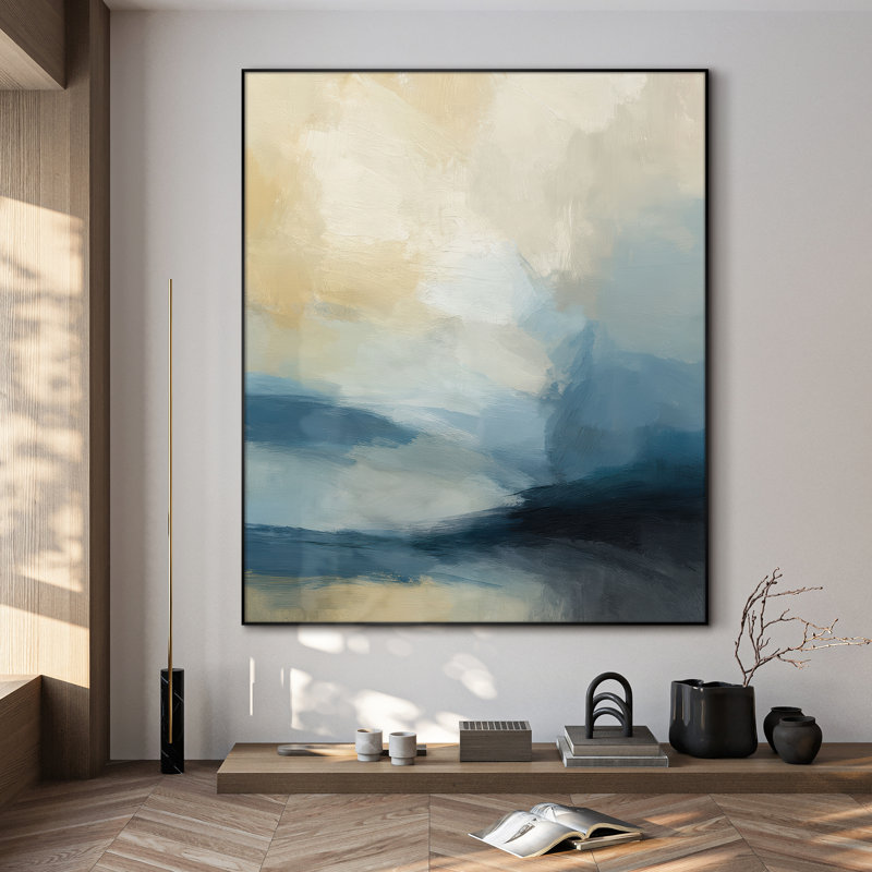 Extra Large Wall Art Fabric Print - Soft Blue and Beige Abstract Coastal Horizon Artwork Decor for Living Room or Bedroom - "Frame Assembly Required (Unfinished Frame)"