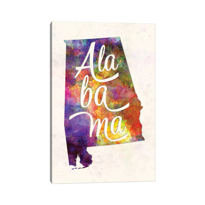 Alabama US State In Watercolor Text Cut Out by Paul Rommer - Wrapped Canvas Print, 66.04cm H x 45.72cm W x 1.9cm D