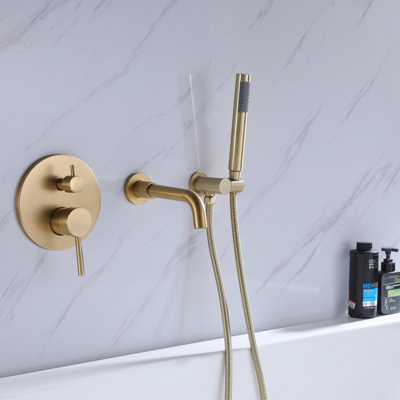 Modern Wall Mounted Bathtub Faucet With Handheld Shower, Bathroom Solid Brass Tub Filler Faucet, Brushed Gold