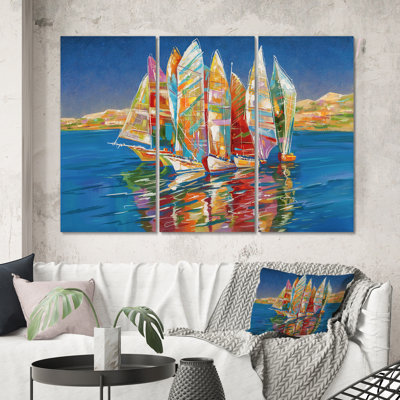 Voilier coloré sur fond bleu - reproduction d'art nautique et côtier sur toile