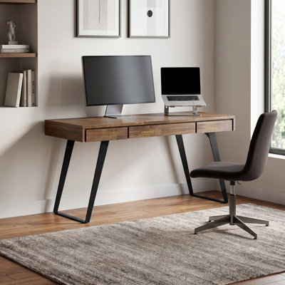 Lowry 54"W Solid Acacia Wood and Metal Modern Industrial Writing Desk with 2 Drawers and Flip-Down Keyboard Tray