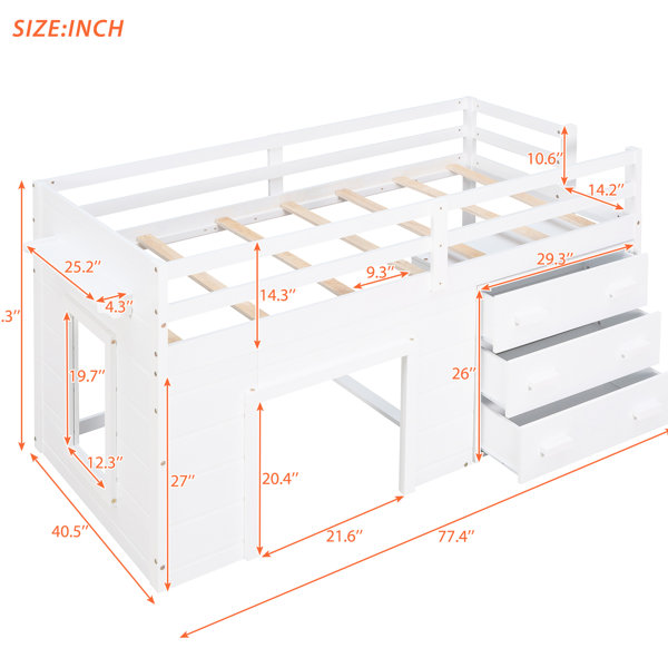 Latitude Run® White Twin Size Loft Bed With Solid Wood Legs And Cabinet ...