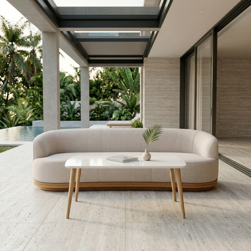 Modern Rectangular Coffee Table with Glossy White Top and Solid Hornbeam Wood Legs