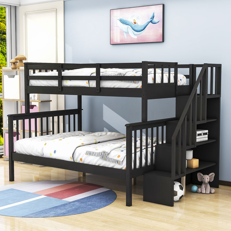 Lit superposé simple au-dessus de double en bois avec escalier de rangement Jovie, Espresso