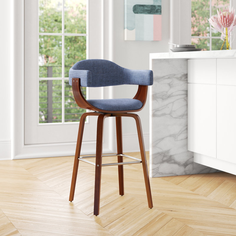 Tabouret tournant Valazquez, revêtement en tissu, pieds en bois de noyer, Bleu