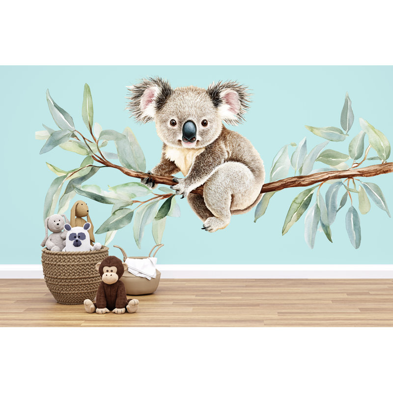 Adhésif décoratif pépinière de koala - Koala aquarelle sur une branche d'eucalyptus, art mural de chambre de bébé 049Mv