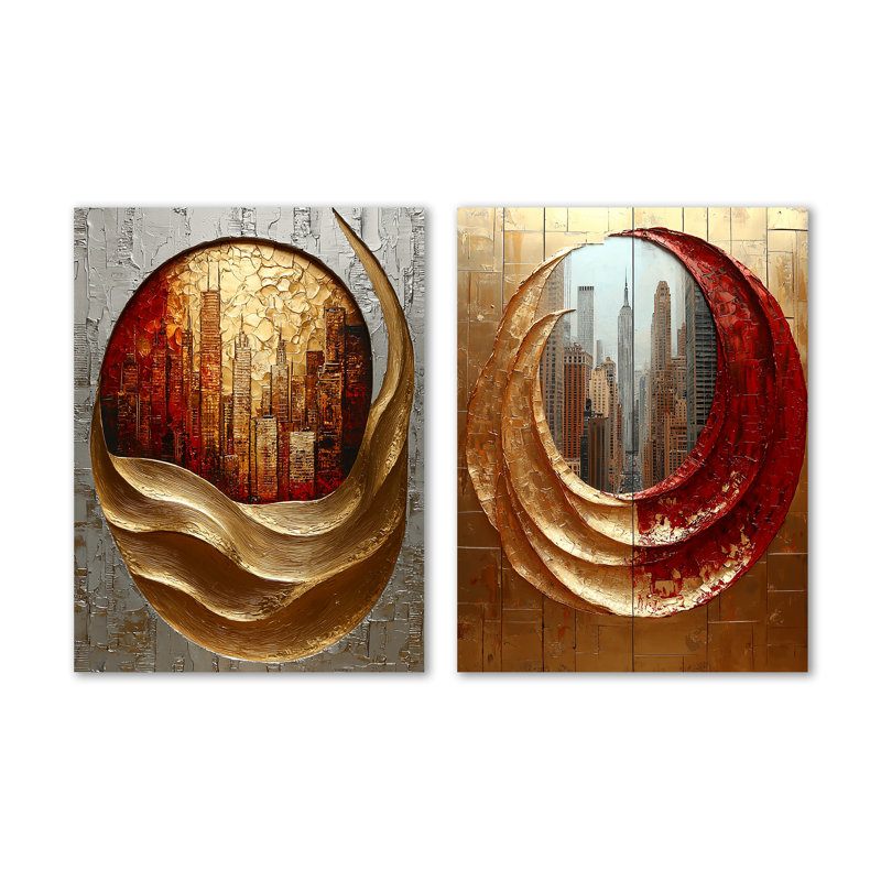 Ensemble de 2 décorations murales dorées Art Deco Reflection of New York I - USA, 32" H x 48" W