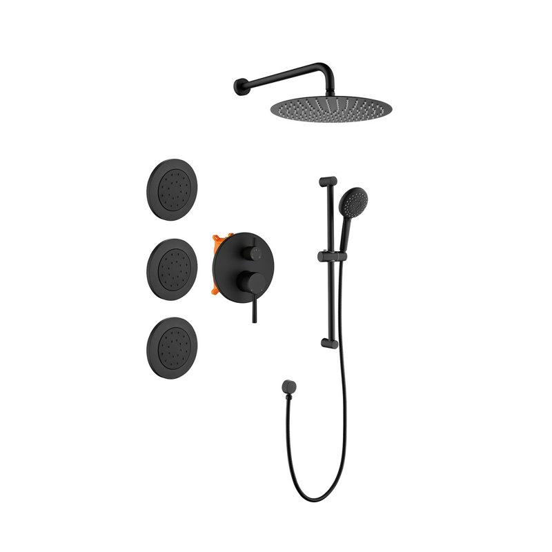 Système de douche en laiton noir mat avec pomme de douche à pluie, douche à main, barre coulissante, jets pour le corps et soupape d'équilibrage de pression
