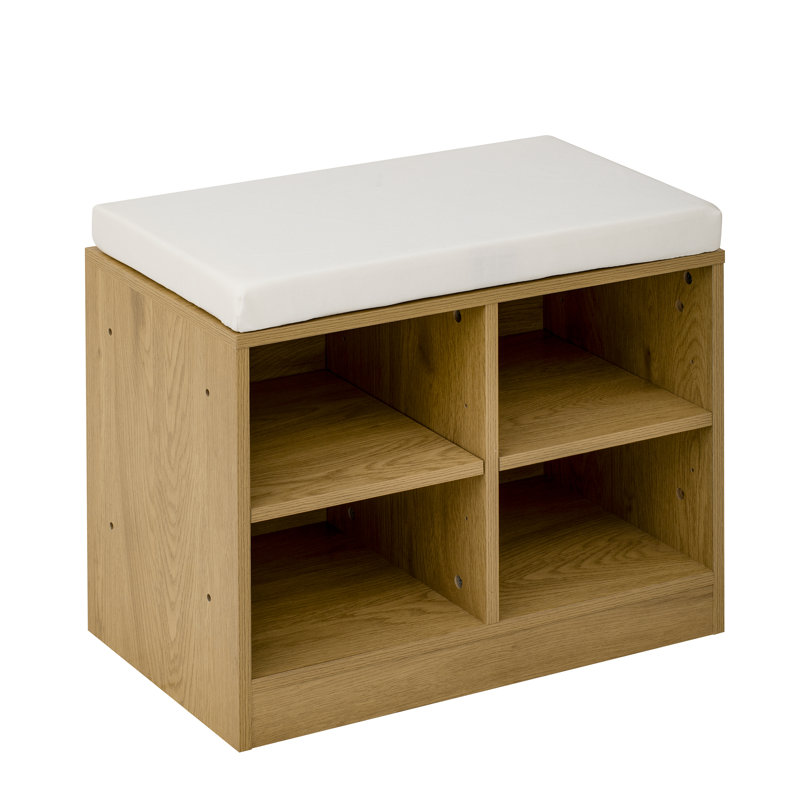 Armoire de salon avec banc à chaussures - 2 portes, 3 tablettes réglables à 3 niveaux et 4 étagères à chaussures ouvertes, console de rangement pour hall d'entrée avec porte à lattes ondulée, crochets et coussin amovible