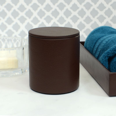 Pot de rangement de salle de bain en cuir brun avec couvercle - boule de coton et organisateur de meuble-lavabo