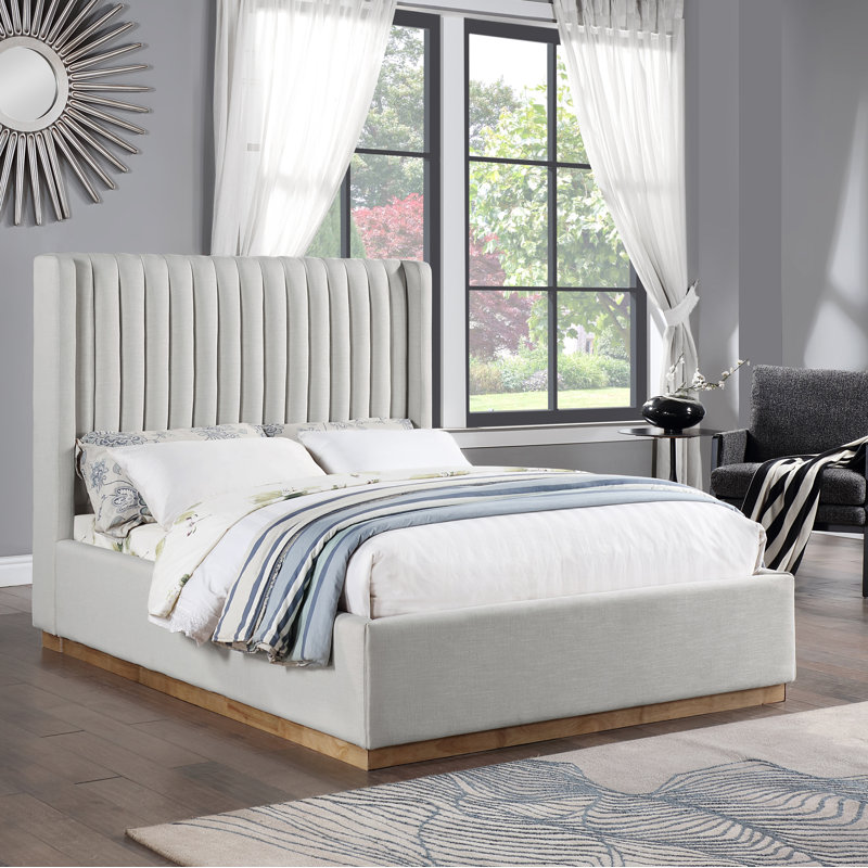 Chamblis Upholstered Wingback Bed, Full / Double, Cream Linen Textured Fabric