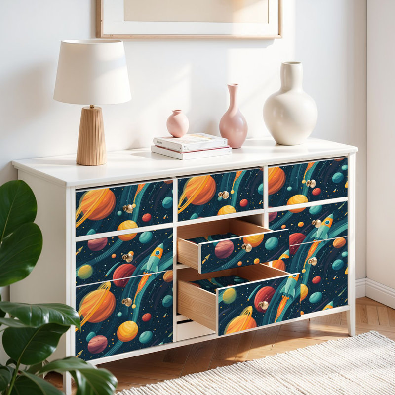 Papier peint adhésif pour enfants, papier contact coloré, espace, fusées, planètes, étoiles, auto-adhésif et amovible 24 po x 118 po (60 x 300 cm)