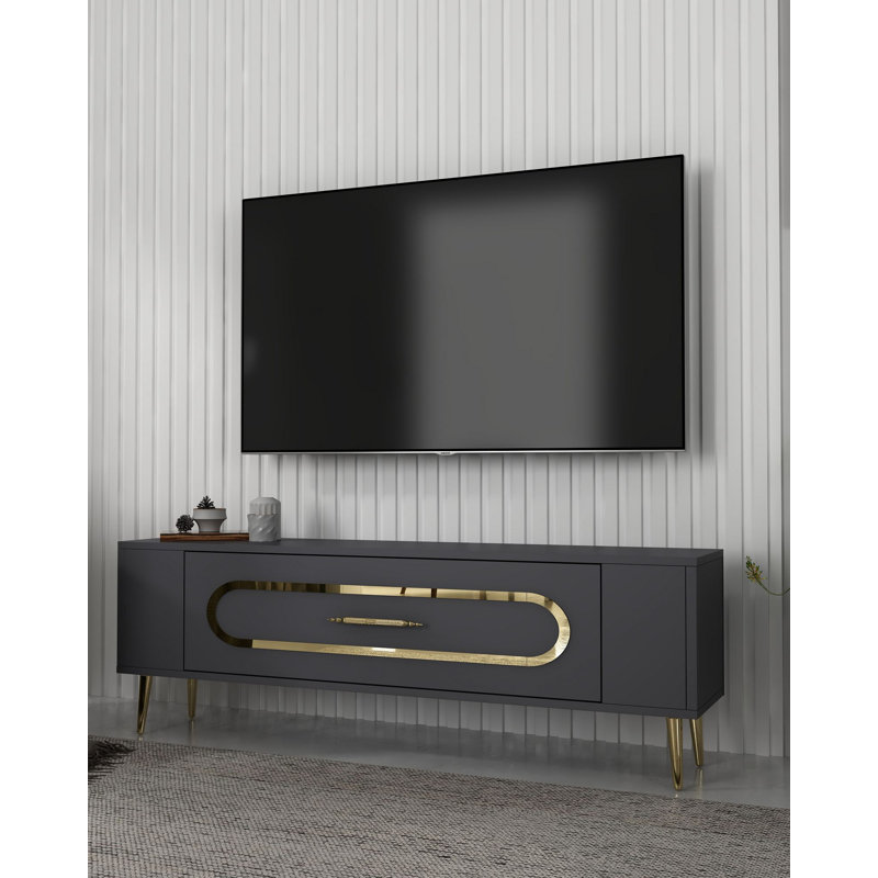 Meuble télé moderne avec option de fixation murale, anthracite et or, Catena, 47,2 x 19,0 x 10,4 pouces | Panneau de particules 100% enduit de mélamine | Comprend une tablette de 34,1 pouces et des pieds de 5,9 pouces | Design élégant et fonctionnel pour le salon