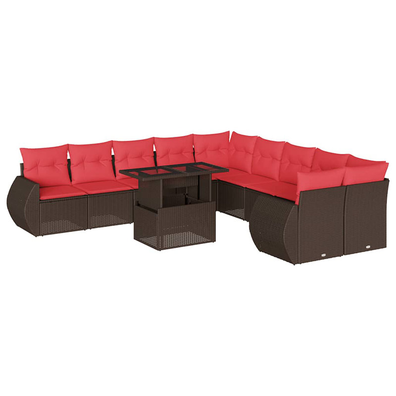 Ensemble de canapé de patio 11 pièces avec coussins en rotin de polyester, Rouge, Brun