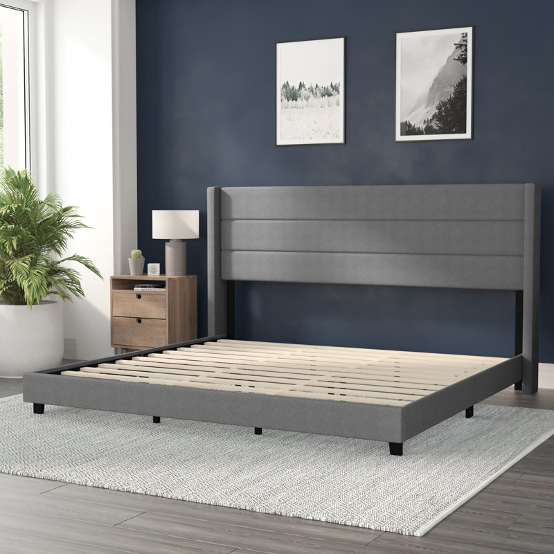 Upholstered Platform Bed with Wingback Headboard, Mattress Foundation with Slatted Supports, King, Gray
