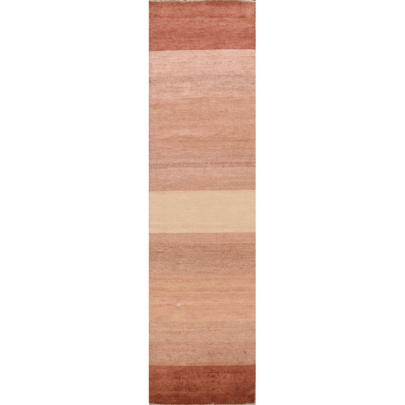 Tapis de couloir beige en laine noué à la main de conception unique 2 pi 7 po x 11 pi 7 po New Age