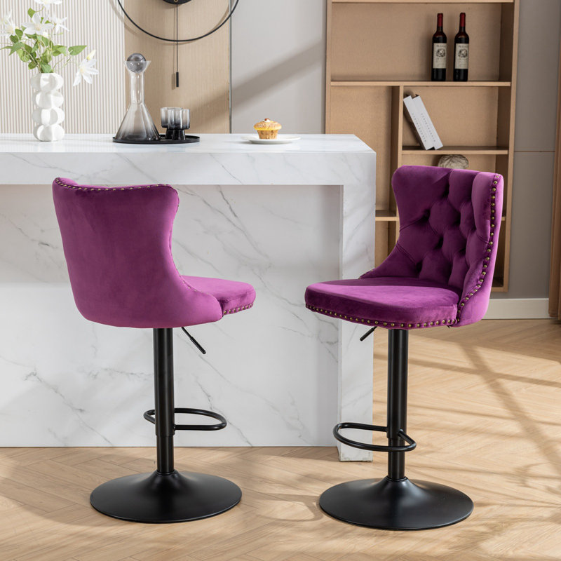Ensemble de 2 tabourets pivotants en velours avec siège réglable, Mauve