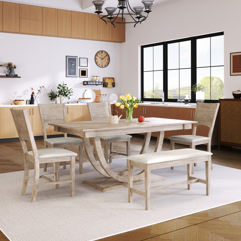 Ensemble de 6 tables de salle à manger en bois 6 pièces avec banc long et 4 chaises, style moderne, naturel