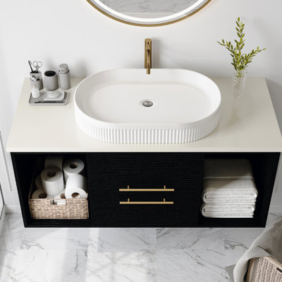 Meuble-lavabo de 40 po avec lavabo ovale en céramique, comptoir en bois massif multicouche, facile à installer, pour évier flottant 40 po, armoire, tiroirs à fermeture en douceur, appartements urbains