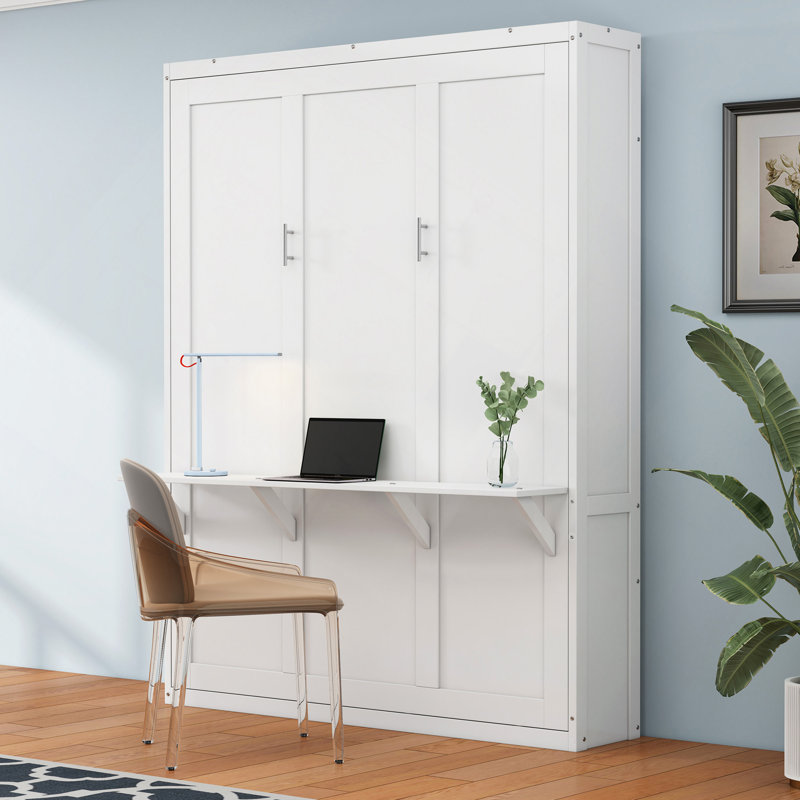 Grand lit escamotable, lit escamotable à armoire de 68 pouces avec bureau, parfait pour chambre d'amis, bureau, blanc, Grand