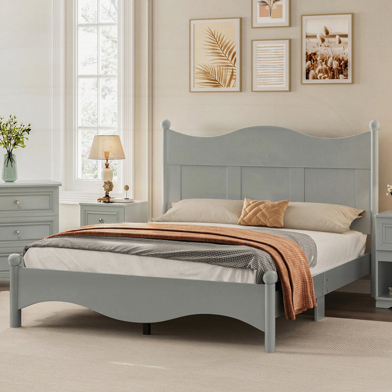 Platform Bed with Retro Headboard, Gray