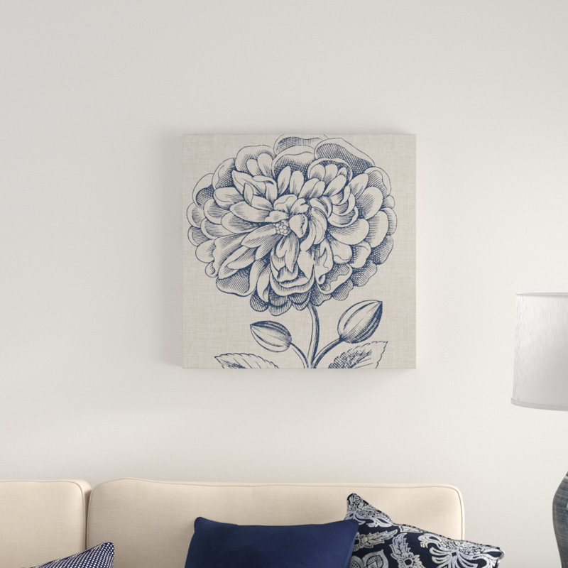 «Indigo Floral on Linen III» par Vision Studio - reproduction de dessin sur toile, H 14 po x l 14 po x P 2 po