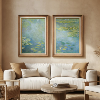 Impressionniste impressionnant étang de nénuphars bleu clair - ensemble de 2 reproductions d'art encadrées de qualité supérieure sur papier 26 po x 36 po