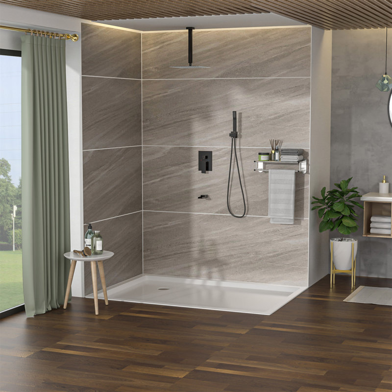 Système de douche avec bec de baignoire en cascade, système de douche carré à fixation au plafond de 16 pouces avec valve brute