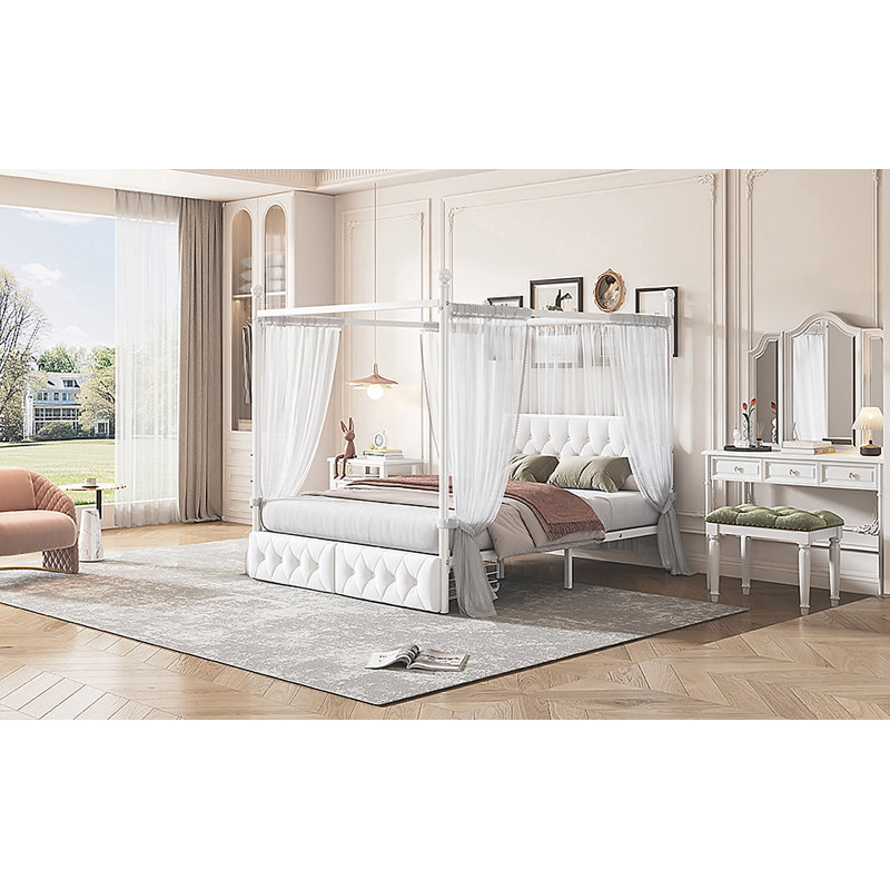 Queen Size Metal Canopy Platform Bed With Upholstered Headboard And Two Storage Drawers