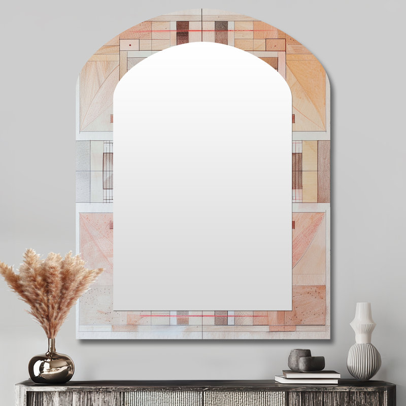 Vintage Overlapping Stillness II - Geometric Asymmetrical Mirror, Brown Arch Decorative Wall Mirror, Printed Metal Art