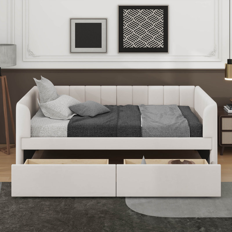 Lit de jour simple tapissier avec tiroirs, Beige