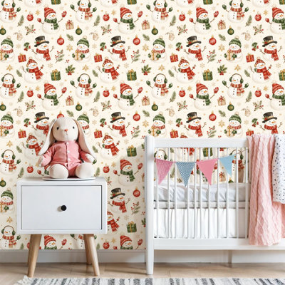Peler et coller le papier peint Mignon bonhomme de neige, cadeaux de Noël, ornements de houx, papier de contact beige, adhésif mural amovible, décoration murale pour armoires de cuisine de chambre à coucher, 24 po x 118 po