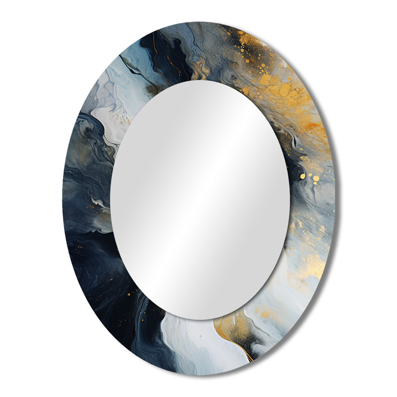Miroir mural moderne doré doré et bleu abstrait III, 43 po x 33 po