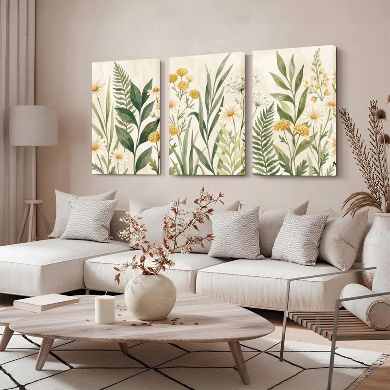 Ensemble de 3 tableaux sur toile à motifs floraux botaniques pour la décoration du salon, H 18 po x l 36 po