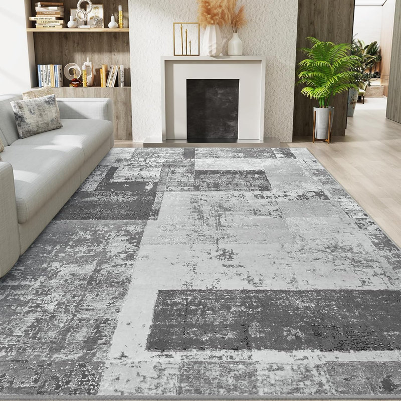 Tapis abstrait à motif géométrique abstrait, Gris, Rectangle 4' x 6'