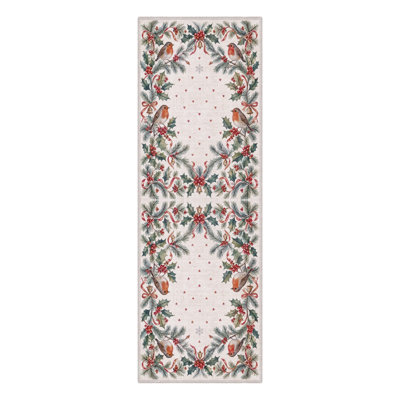 Songbirds & Red Berries Christmas Animal Print Ivory / Green Low-Pile Washable Area Rug for Dining Room