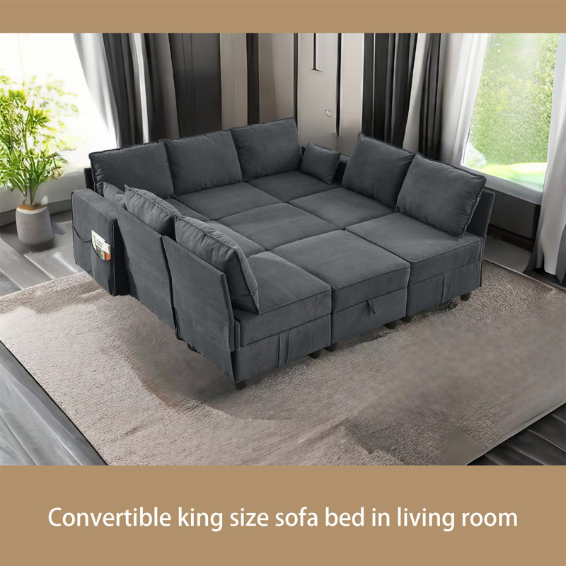 Canapé modulaire 9 pièces Ghulam, Velours côtelé gris foncé