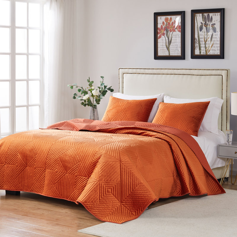 Burnt Orange Velvet Geometric Full/Queen Quilt Set