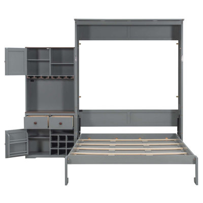 Grand lit escamotable avec armoire de rangement, support à vin, porte-verre, tiroirs et bande DEL multicolore
