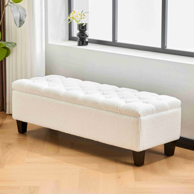 Banc repose-pieds avec rangement, surface bouclée, pieds en bois d'hévéa, capacité de 300 lb