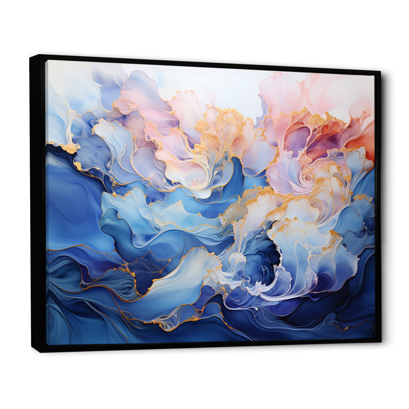 Rêve d'encre rose et bleue sur toile, Cadre flottant noir, H 12 po x l 20 po x P 1 po