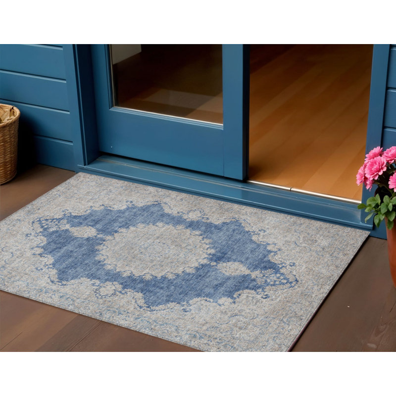 Tapis intérieur / extérieur oriental lavable bleu marine et ivoire HomeRoots 3 pi x 5 pi