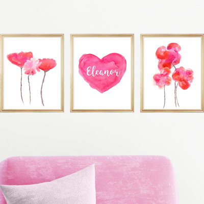 Magenta personnalisé cœur et fleurs, 3 impressions sur papier