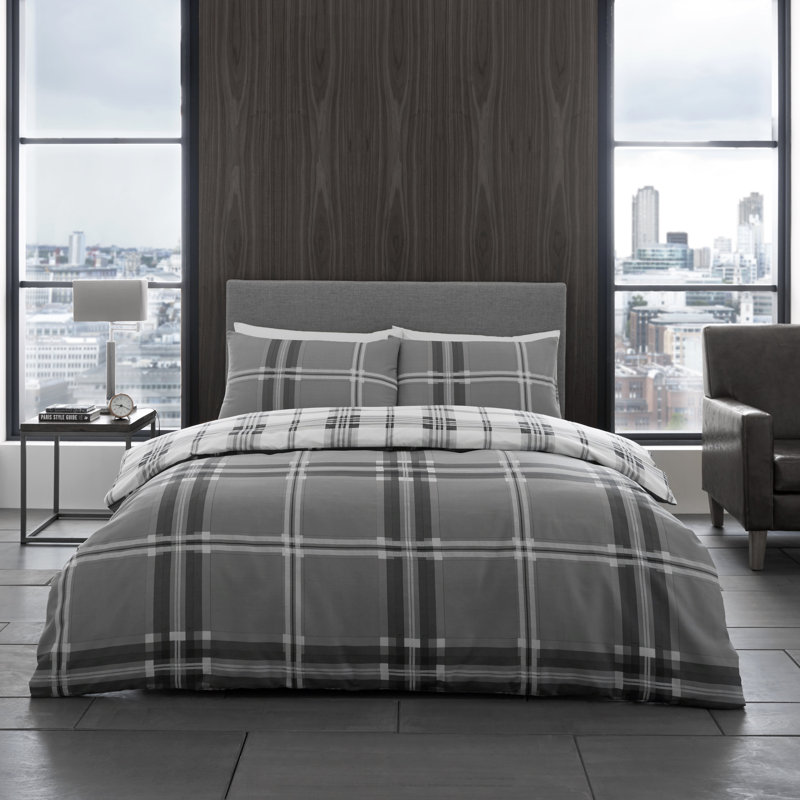 Soft Checked Duvet Cover Set with Pillowcases, Polycotton, Light weight Bedding, Grey, Double