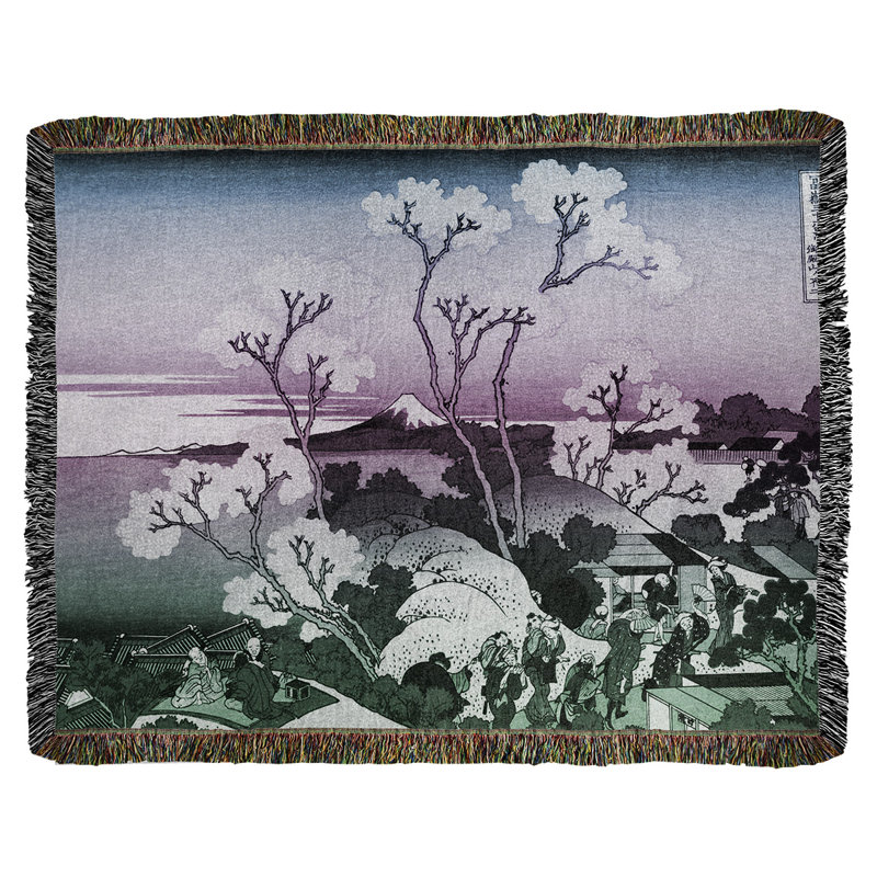 Jeté en coton Heavy Mountain Fuji and Cherry Blossoms, Bleu/mauve/vert