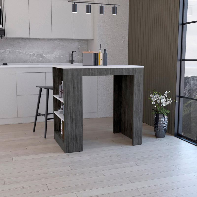 Îlot de cuisine, table de bar de cuisine H 36 po, 3 tablettes latérales, Gris