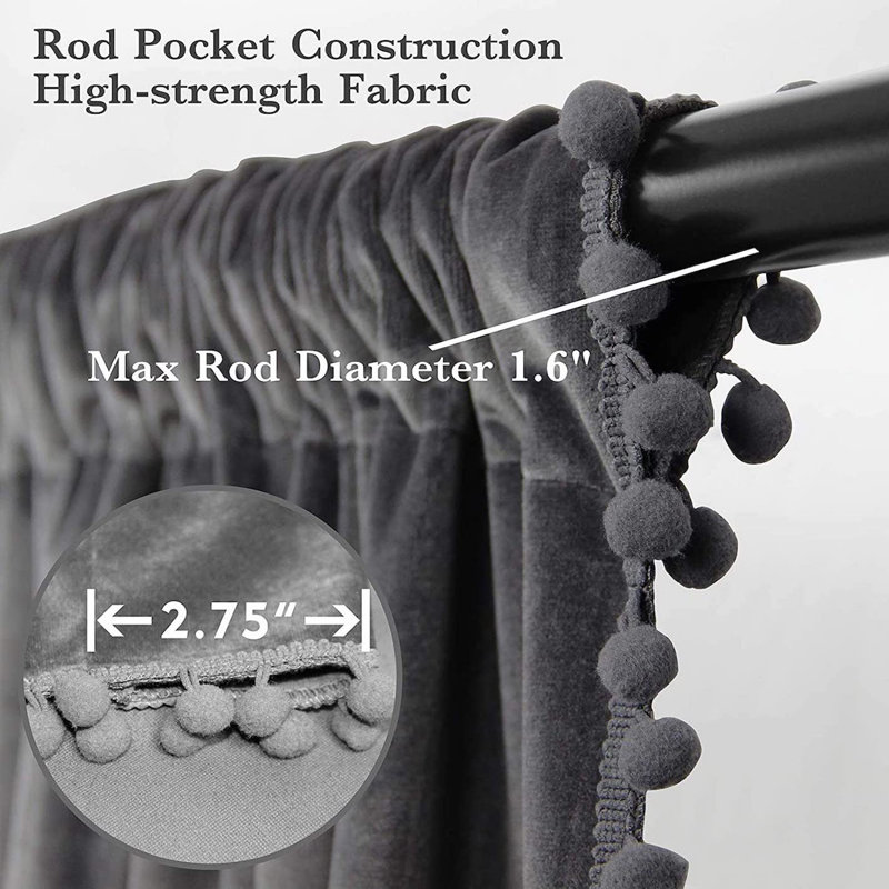 Pom Pom Soft Light Filtering Velvet Curtains with Rod Pocket for Bedroom and Living Room, 52" W x 95" L, Dark Gray