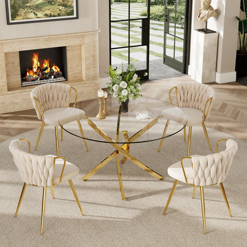 5 - Piece Round Glass Dining Set, 29.5"H x 47.24"L x 47.24"W, Beige/Gold